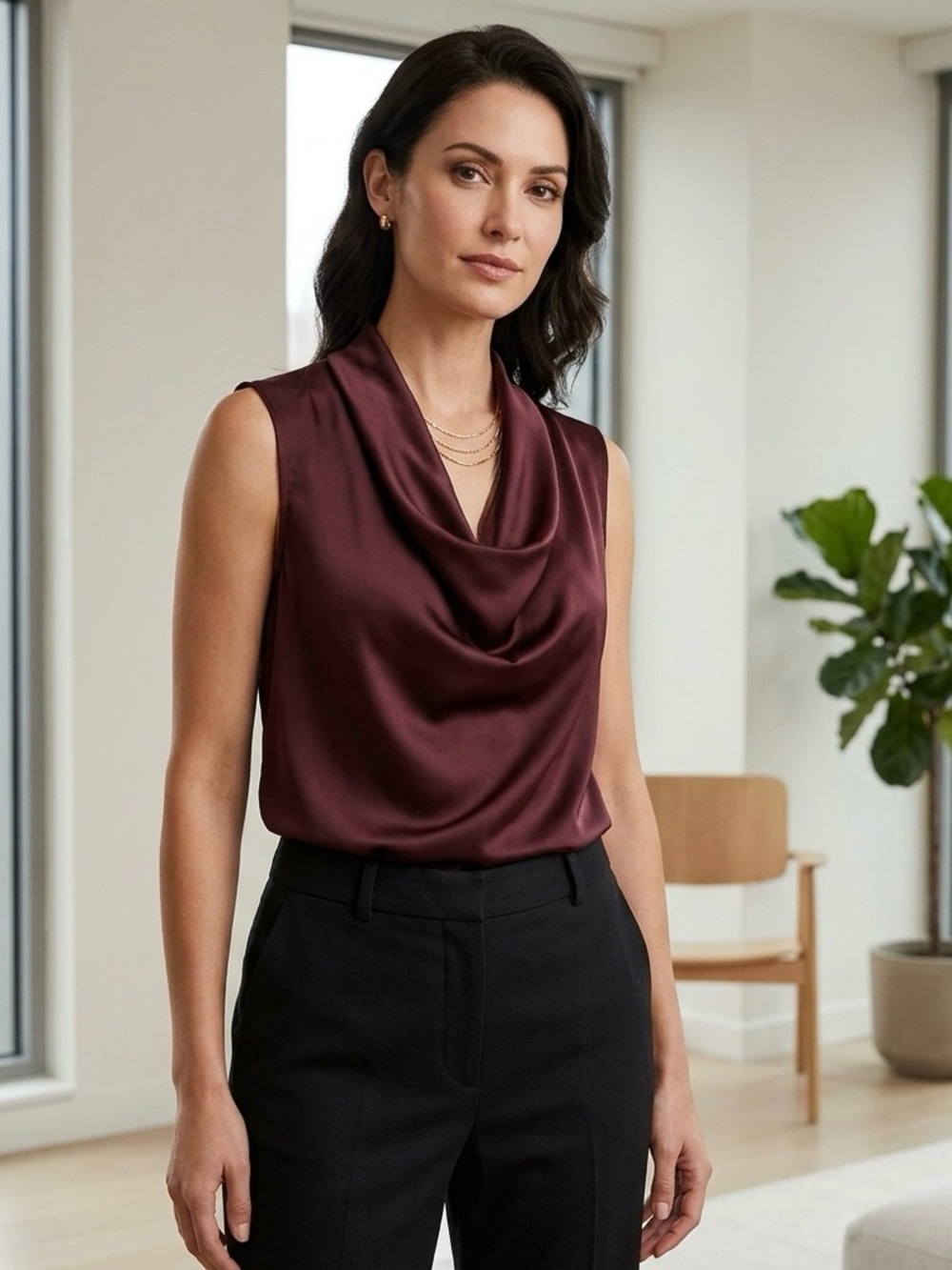 Black Tape _  SATIN COWL NECK TOP Burgundy XS Merlot Wine
